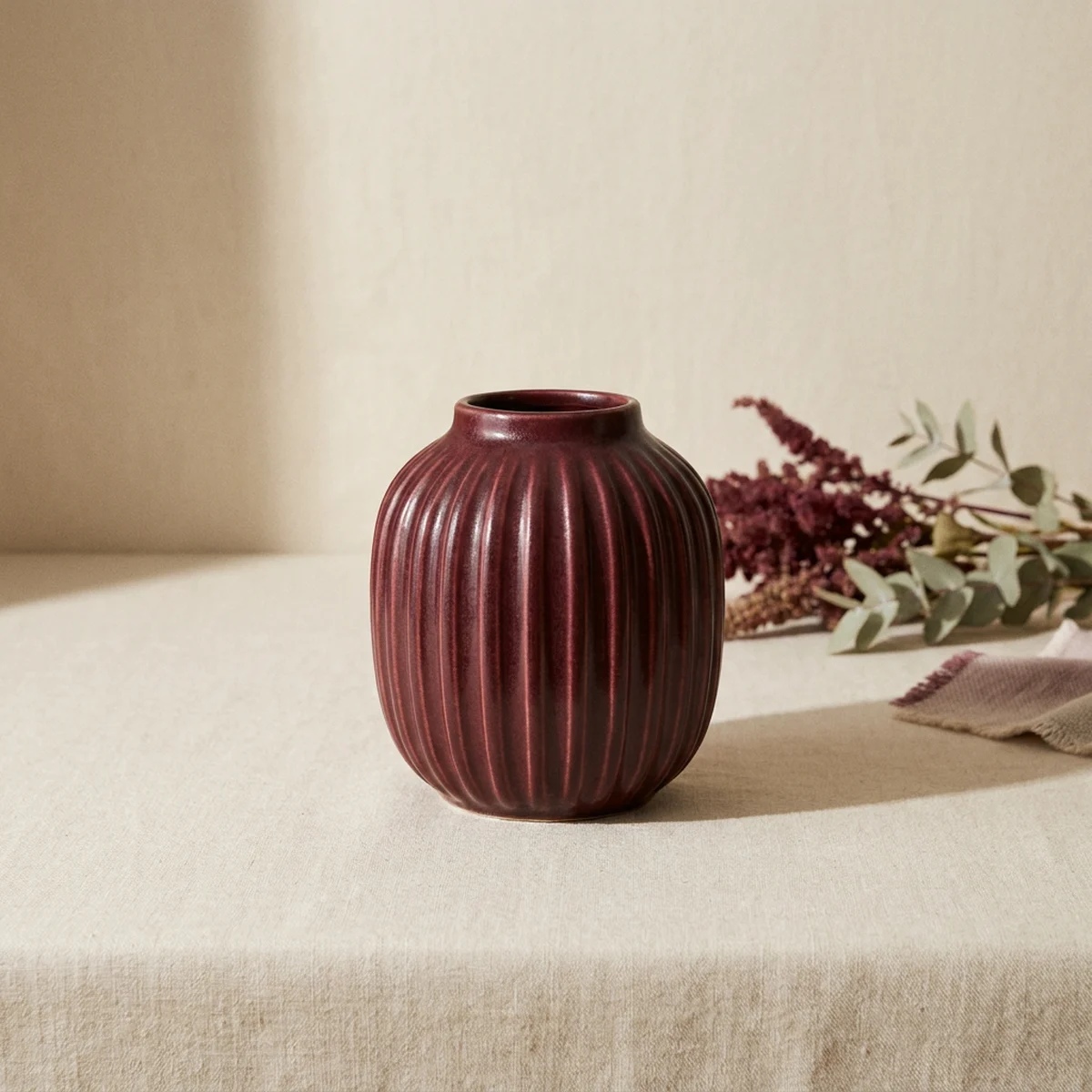 Ribbed Burgundy Vase
